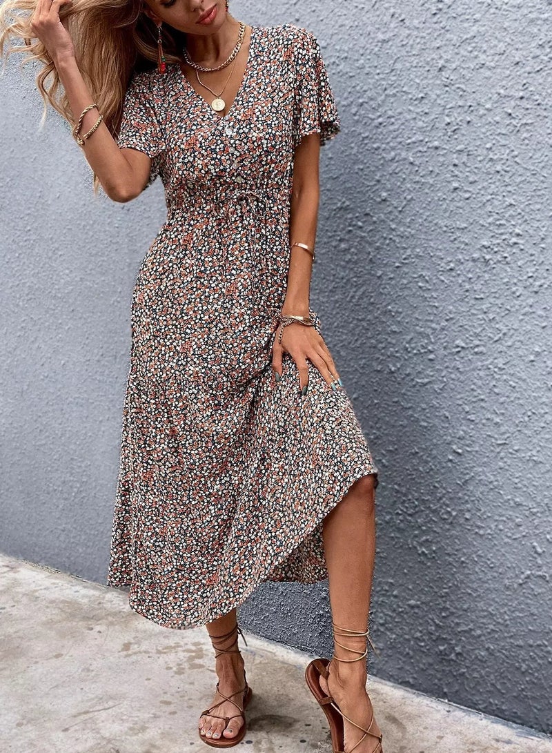 Ditsy Floral Flutter Sleeve Drawstring Dress Without Belt  - Image 3