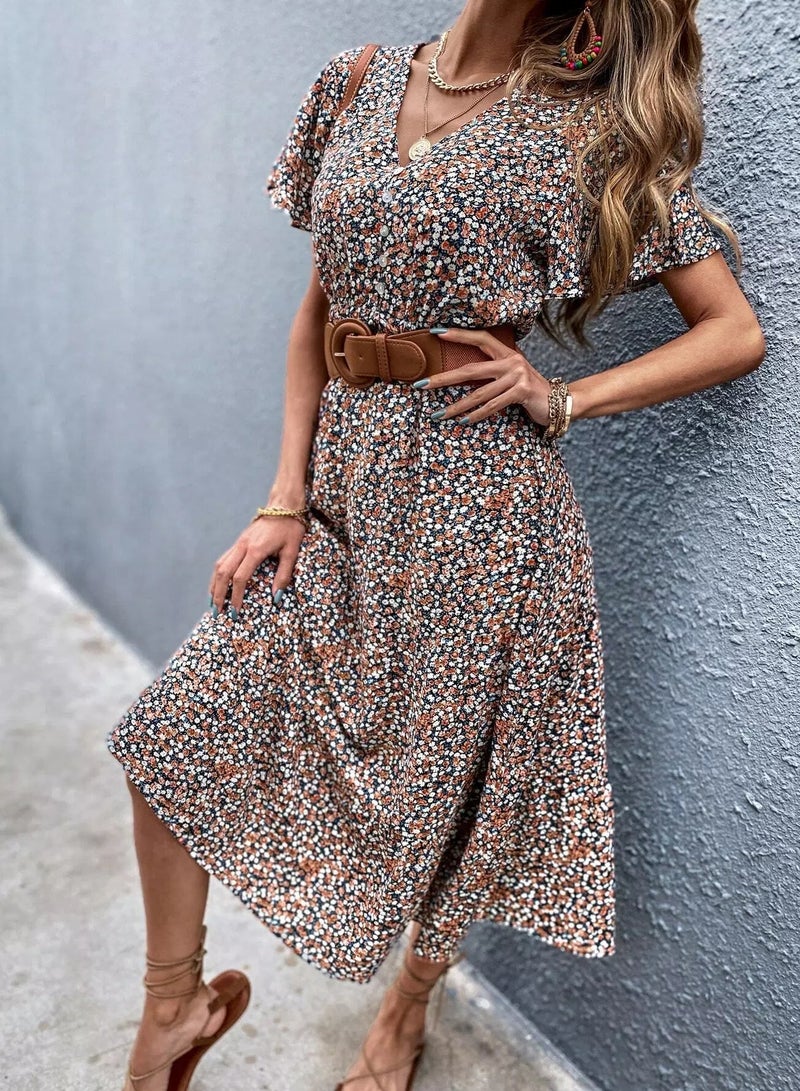 Ditsy Floral Flutter Sleeve Drawstring Dress Without Belt  - Image 5