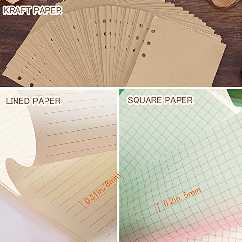 DY.2ten A6 6-Hole Binder Notebook Refills Set -(Gridded Paper Refills + Lined Paper + Kraft Paper + Blank Loose Leaf Paper) 180 Sheets /360 Pages（45 sheets of each type）+A6 Storing Bag - Image 3
