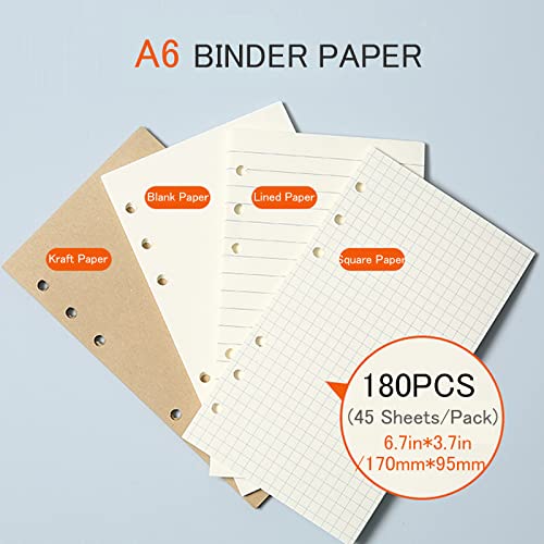 DY.2ten A6 6-Hole Binder Notebook Refills Set -(Gridded Paper Refills + Lined Paper + Kraft Paper + Blank Loose Leaf Paper) 180 Sheets /360 Pages（45 sheets of each type）+A6 Storing Bag - Image 2