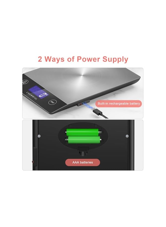 CROWNFUL 15Kg Food Scale, Rechargeable 304 Stainless Steel Digital Kitchen Scale Grams and Ounces with LCD Display and Type-C Charging for Baking and Cooking - Image 5