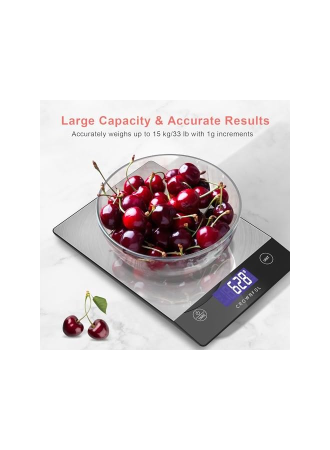 CROWNFUL 15Kg Food Scale, Rechargeable 304 Stainless Steel Digital Kitchen Scale Grams and Ounces with LCD Display and Type-C Charging for Baking and Cooking - Image 4