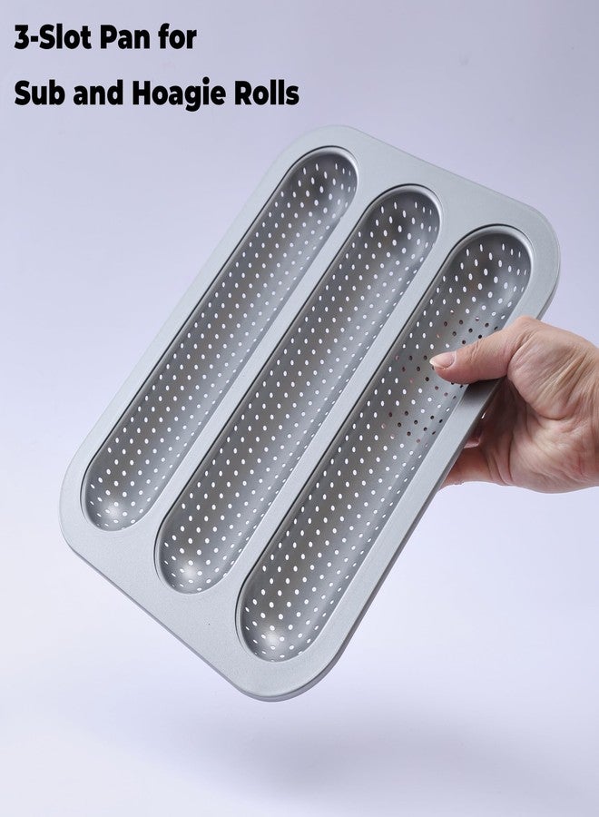 FAQQI Metal Sub Roll & Hoagie Roll Baking Pan 12 inch, 3-Slot Perforated French Bread & Mini Baguette Pan, Nonstick Carbon Steel Bread Baking Tray for Homemade Subs & Sandwich Rolls - Image 2