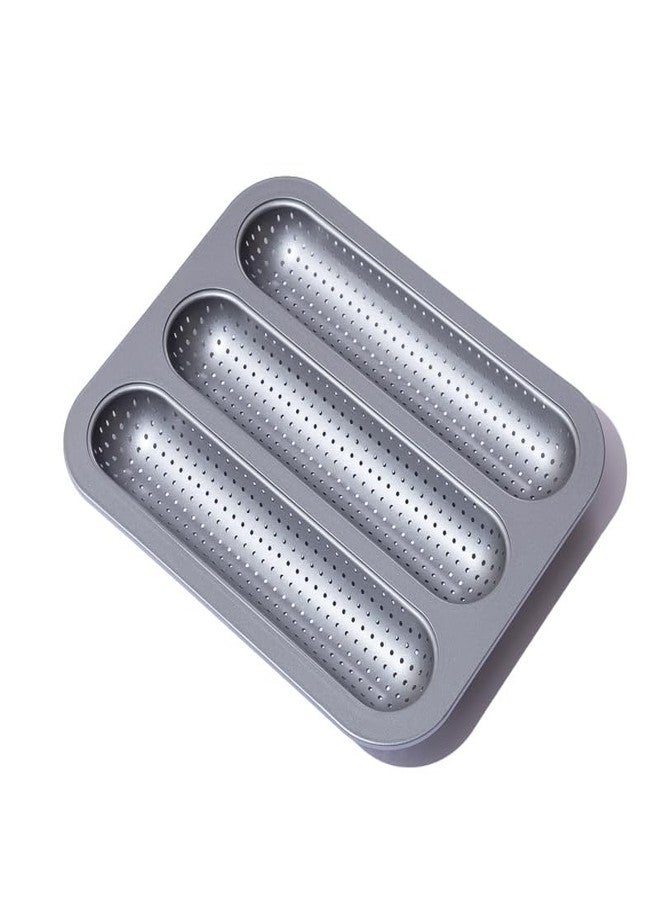FAQQI Metal Sub Roll & Hoagie Roll Baking Pan 12 inch, 3-Slot Perforated French Bread & Mini Baguette Pan, Nonstick Carbon Steel Bread Baking Tray for Homemade Subs & Sandwich Rolls - Image 1