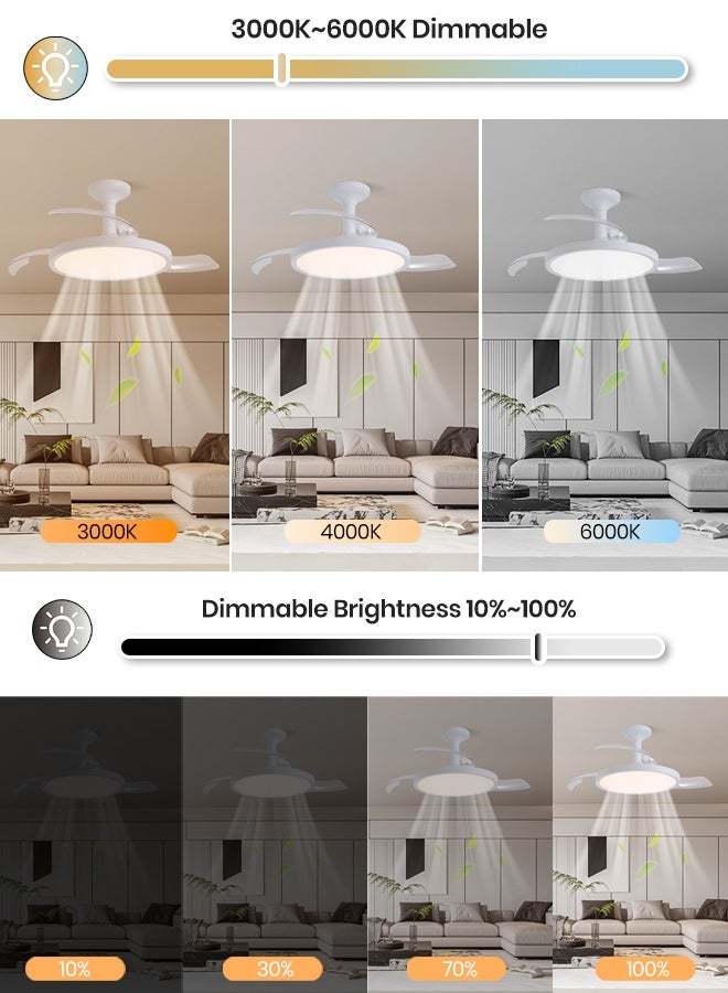 YATAI LIGHTING Retractable Blade Ceiling Fan with LED Light 26W, Dimmable 3000K-6000K, 6-Speed Reversible Fan, Remote & Wall Control, 40cm Semi-Flush Mount Fan Light for Bedroom Living Room - Image 3