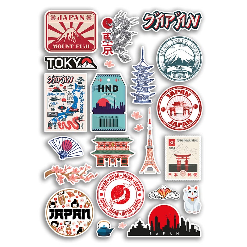 DV DESIGN A4 Sticker Sheet Japan Vinyl Stickers - Japanese Landmarks City Beach Flag Map Holiday Suitcase Luggage Scrapbook Culture Travel #78887 - Image 1