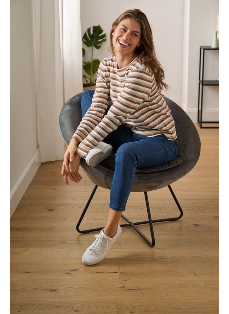 Tchibo Women Crew Neck Stripe Long Sleeve  Sweatshirt, Brown  - Image 1