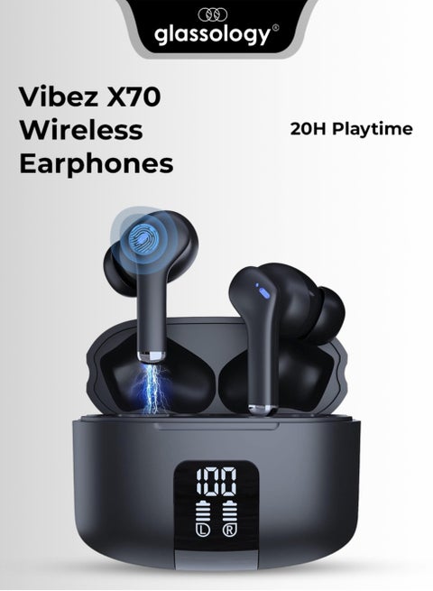 Vibez X70 Wireless Earphones 13mm Driver 20 Hours playtime, 4 Mics ENC Call Noise Reduction with LED Power Display Charging Case Bluetooth 5.3 IPX5 Waterproof Ultra Light and Ergonomics for Sport