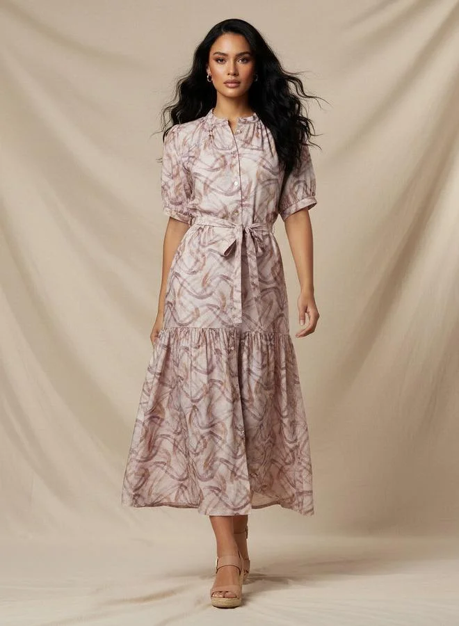 سبلاش فيڤ Tiered Midi Viscose Belted Dress with Abstract Print