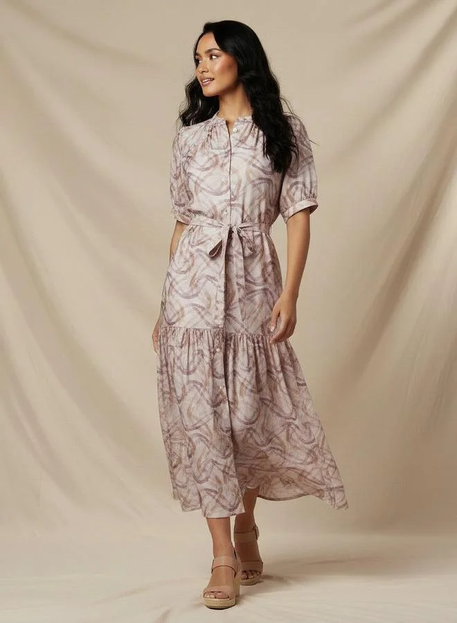 Splash FAV Tiered Midi Viscose Belted Dress with Abstract Print