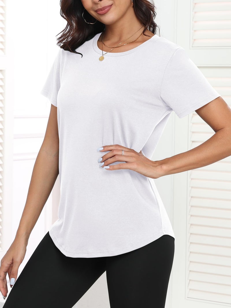 PRIMODA Womens Loose Fit Shirts Casual Short Sleeve Summer Flowy Tunic Tops Plain Long T Shirts (White L) - Image 2