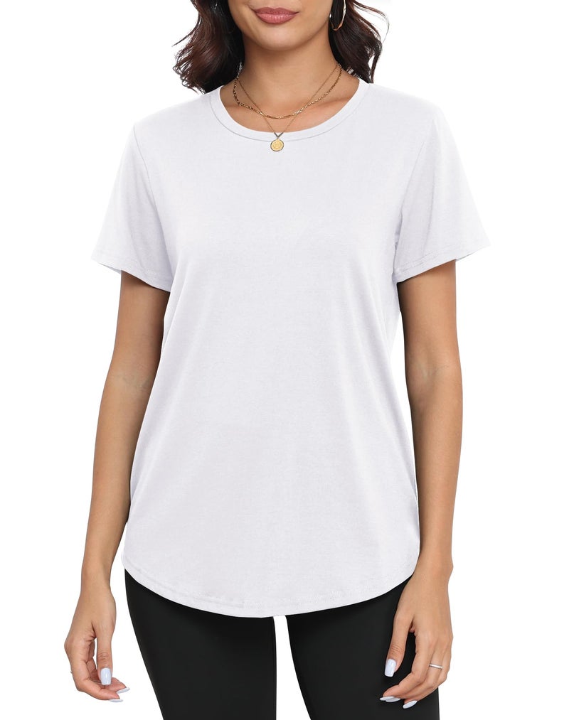 PRIMODA Womens Loose Fit Shirts Casual Short Sleeve Summer Flowy Tunic Tops Plain Long T Shirts (White L) - Image 1