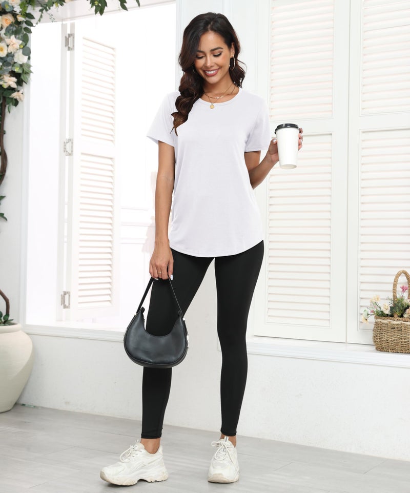 PRIMODA Womens Loose Fit Shirts Casual Short Sleeve Summer Flowy Tunic Tops Plain Long T Shirts (White L) - Image 3
