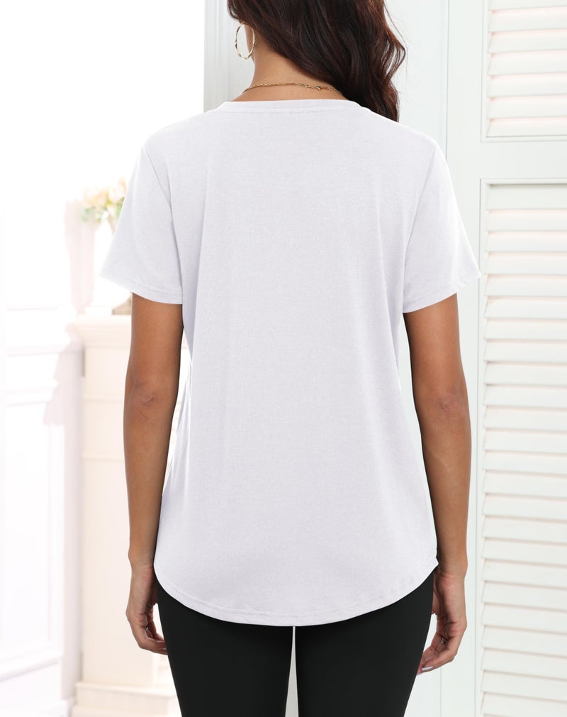 PRIMODA Womens Loose Fit Shirts Casual Short Sleeve Summer Flowy Tunic Tops Plain Long T Shirts (White L) - Image 4
