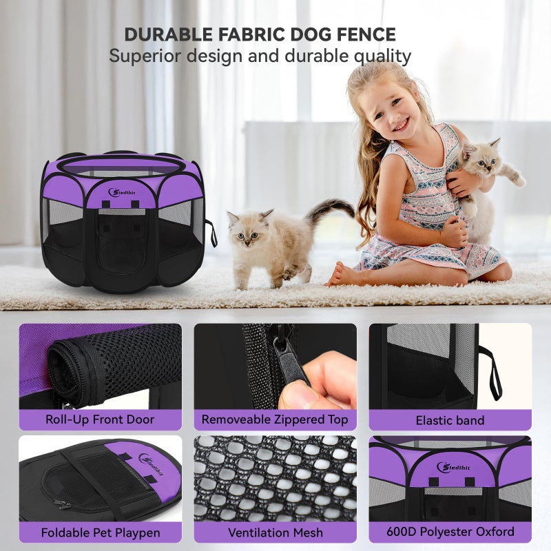 Siedihit Dog Cat Playpen, Puppy Pet Playpen, Small Dogs Tent Crates Cage Indoor/Outdoor, Portable Pop Up Dog Kennel Playpen with Carrying Case for Dogs/Cats/Rabbits,Purple - Image 4