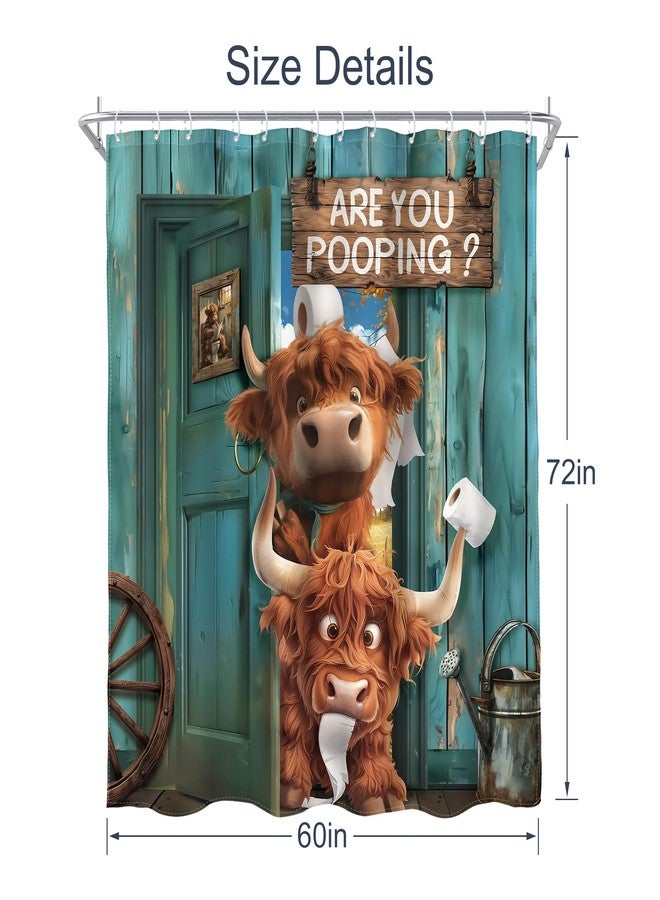 AMBZEK Vintage Funny Highland Cow Shower Curtain 60Wx72L Inch Farmhouse Retro Green Plank Door Rustic Cute Cow Animal Artwork Cloth Fabric Waterproof Polyester Bathroom Decor Set with 12 Pack Hook - Image 5