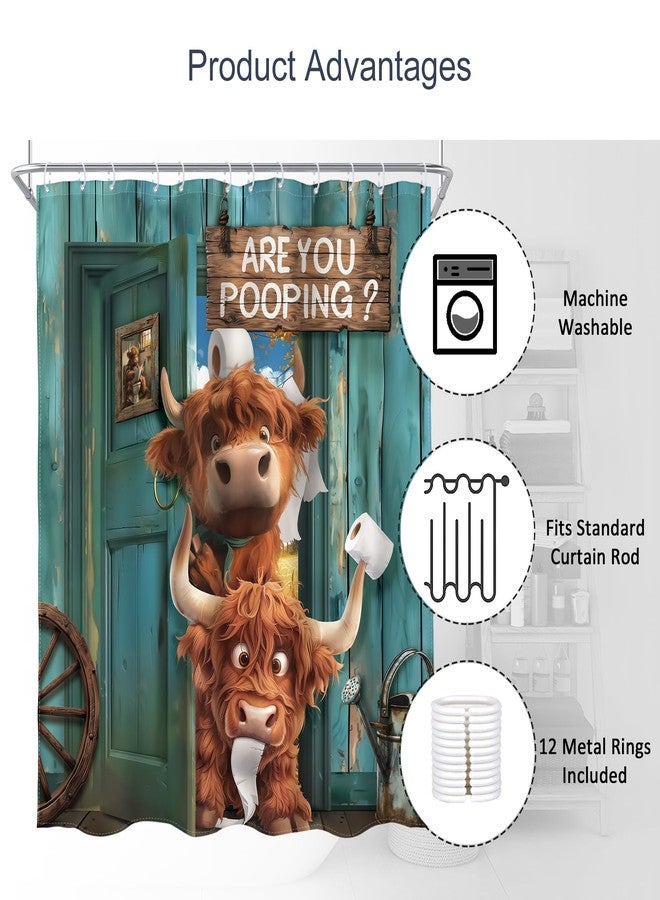 AMBZEK Vintage Funny Highland Cow Shower Curtain 60Wx72L Inch Farmhouse Retro Green Plank Door Rustic Cute Cow Animal Artwork Cloth Fabric Waterproof Polyester Bathroom Decor Set with 12 Pack Hook - Image 4