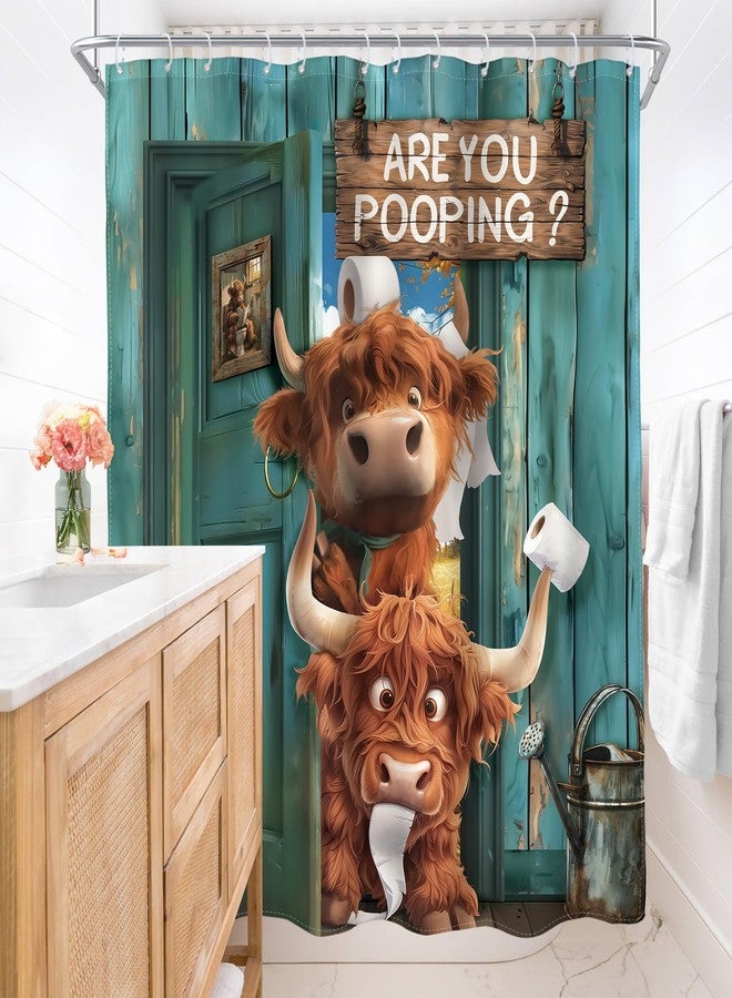 AMBZEK Vintage Funny Highland Cow Shower Curtain 60Wx72L Inch Farmhouse Retro Green Plank Door Rustic Cute Cow Animal Artwork Cloth Fabric Waterproof Polyester Bathroom Decor Set with 12 Pack Hook - Image 3