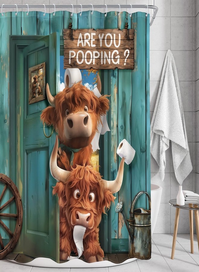 AMBZEK Vintage Funny Highland Cow Shower Curtain 60Wx72L Inch Farmhouse Retro Green Plank Door Rustic Cute Cow Animal Artwork Cloth Fabric Waterproof Polyester Bathroom Decor Set with 12 Pack Hook - Image 1