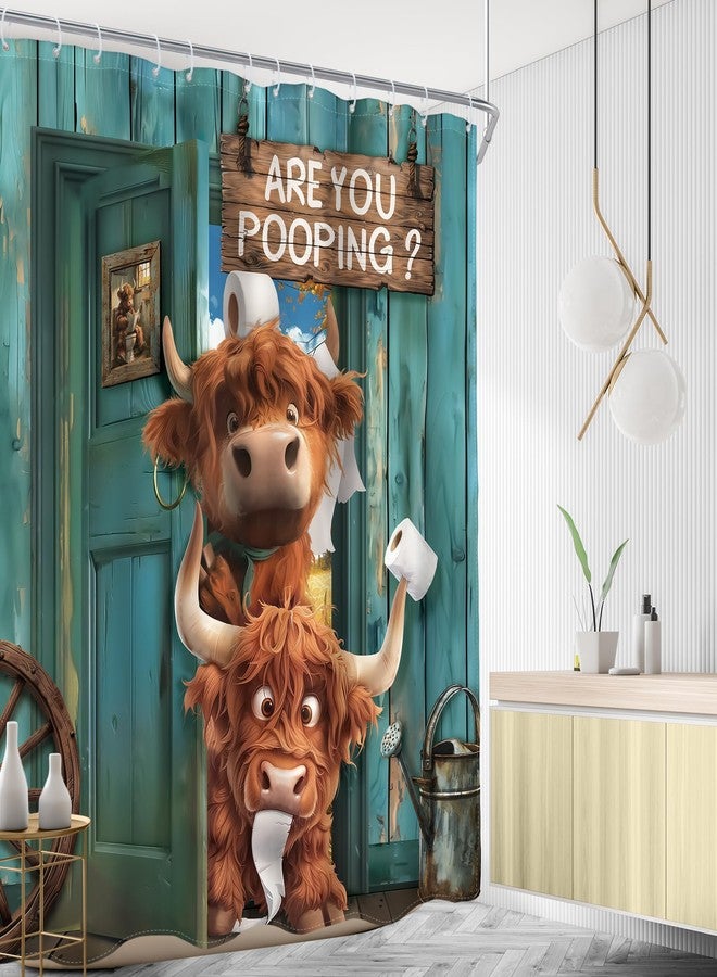 AMBZEK Vintage Funny Highland Cow Shower Curtain 60Wx72L Inch Farmhouse Retro Green Plank Door Rustic Cute Cow Animal Artwork Cloth Fabric Waterproof Polyester Bathroom Decor Set with 12 Pack Hook - Image 2