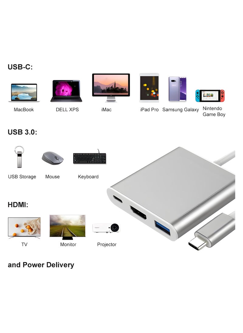 FIRST PRO - 3-In-1 Type C To HDMI Adapter HUB Silver - Image 1
