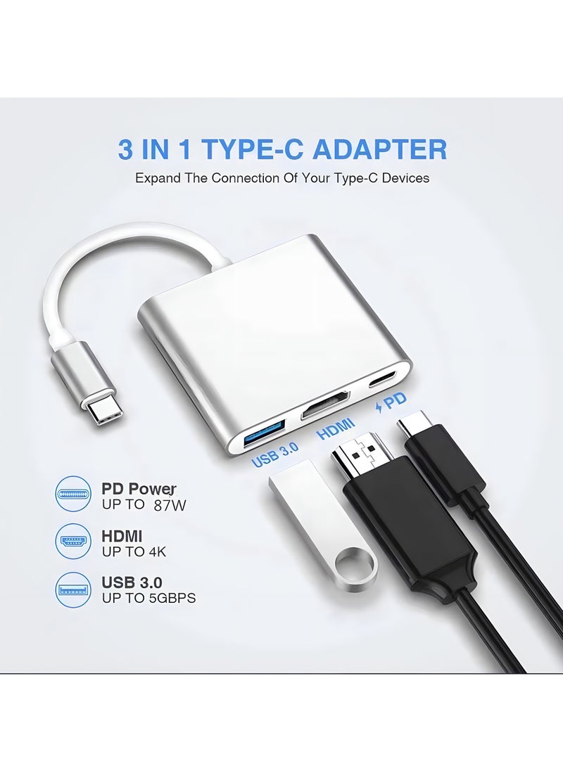 FIRST PRO - 3-In-1 Type C To HDMI Adapter HUB Silver - Image 1