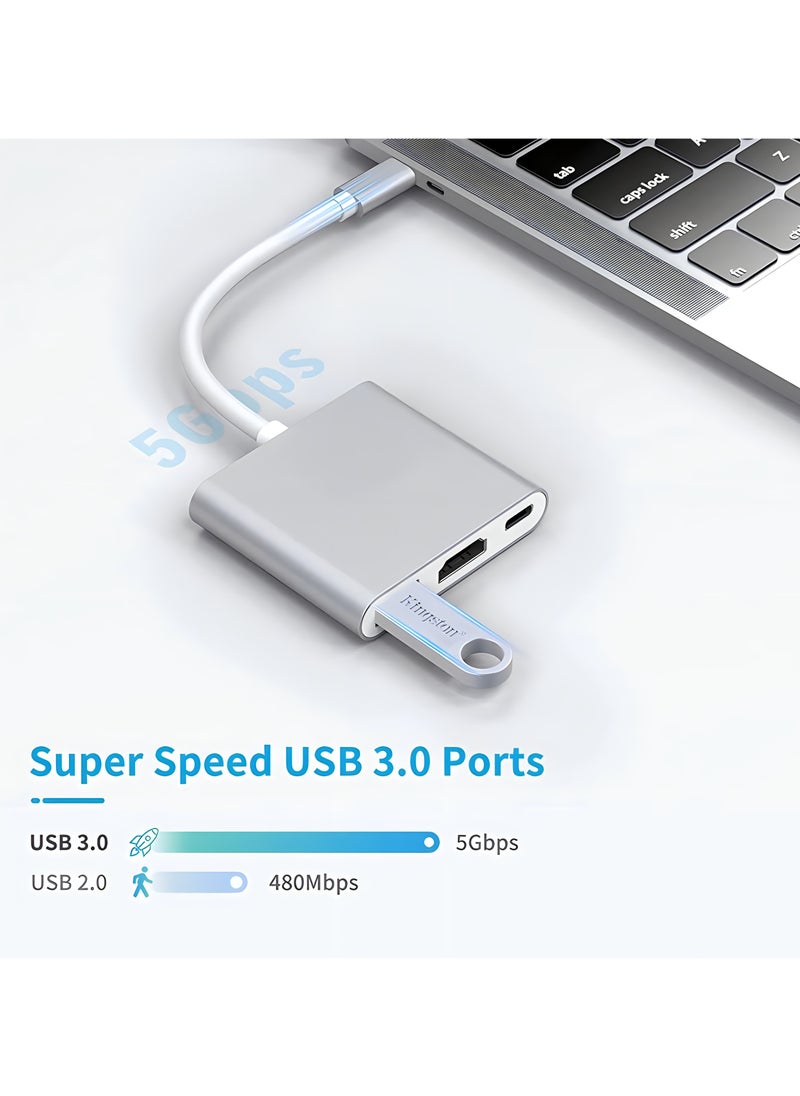 FIRST PRO - 3-In-1 Type C To HDMI Adapter HUB Silver - Image 1