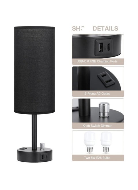 American Style Small Table Lamp Rotary Switch Dimmable Round Fabric Table Lamp Usbc Port Socket-Light Source Power:American Standard + Special Dimming Bulb-Light Color:Black