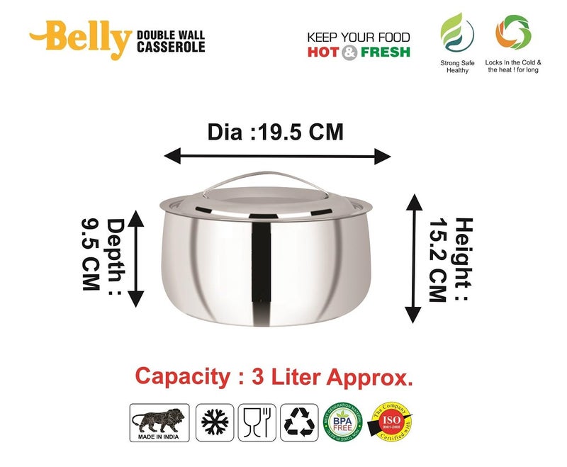 CDM SOLITAIRE CDM Solitaire Hot Pot Double Wall Stainless Steel Belly Shape Casserole, Insulated Thermal Serving Bowl, Food Warmer, Self Locking Press Lid, Hot Food Upto 8 Hour 3000 ML  - Image 4