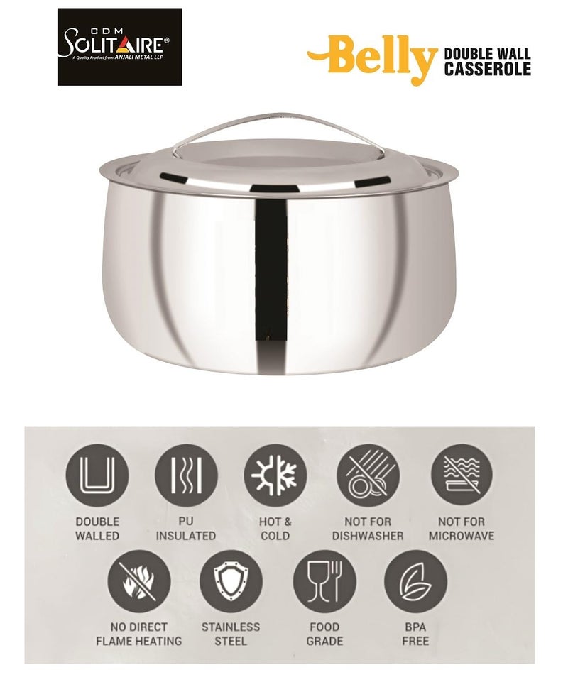 CDM SOLITAIRE CDM Solitaire Hot Pot Double Wall Stainless Steel Belly Shape Casserole, Insulated Thermal Serving Bowl, Food Warmer, Self Locking Press Lid, Hot Food Upto 8 Hour 3000 ML  - Image 5