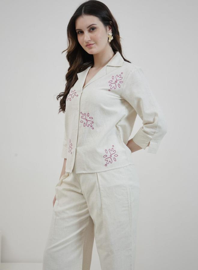 Athena Cream Cotton 3/4 Sleeve Shirt with Cuban Collar - Image 2