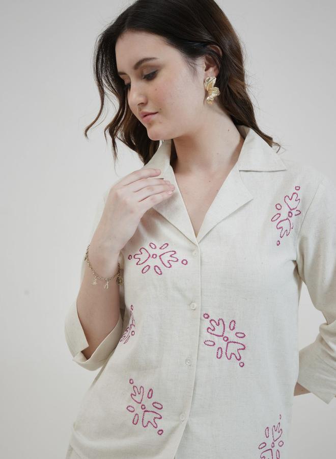 Athena Cream Cotton 3/4 Sleeve Shirt with Cuban Collar - Image 3