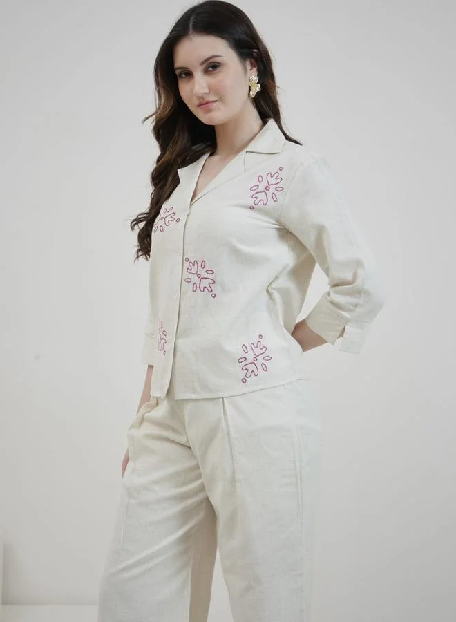 Athena Cream Cotton 3/4 Sleeve Shirt with Cuban Collar