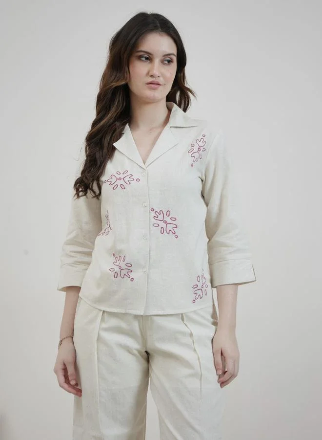 Athena Cream Cotton 3/4 Sleeve Shirt with Cuban Collar