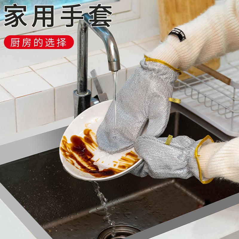 Bamboo Fiber Dishwashing Gloves Oil-Free Silver Wire Dishwashing Artifact Kitchen Cleaning Oil-Proof Waterproof Steel Wire Gloves Single - Image 2