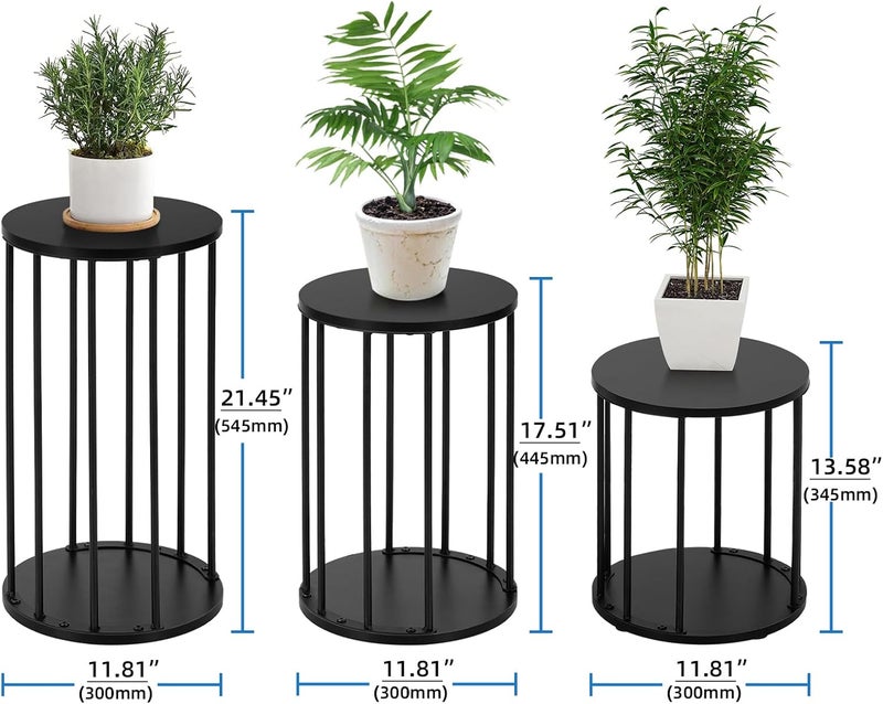 HDANI Set of 3 Round Metal Plant Stands 35/45/55 cm, Solid and Sturdy Flower Stand for Living Room, Garden, Balcony, Wooden Flower Stool, Black - Image 2