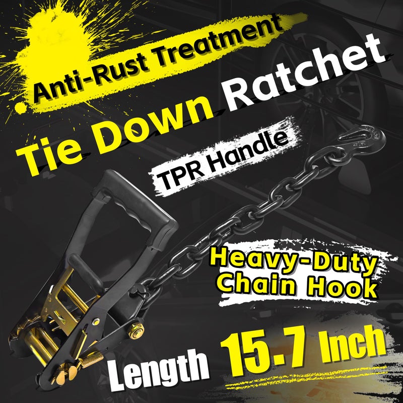 KJE 4 Pack Reflective Car Tie Down Straps for Trailers - Tire Ratchet Strap with Chain Anchors - 2" x 10' 10,000LBS Break Strength - Lasso Style Wheel Straps for Hauling UTV, SUV, Truck, Any Cars - Image 4