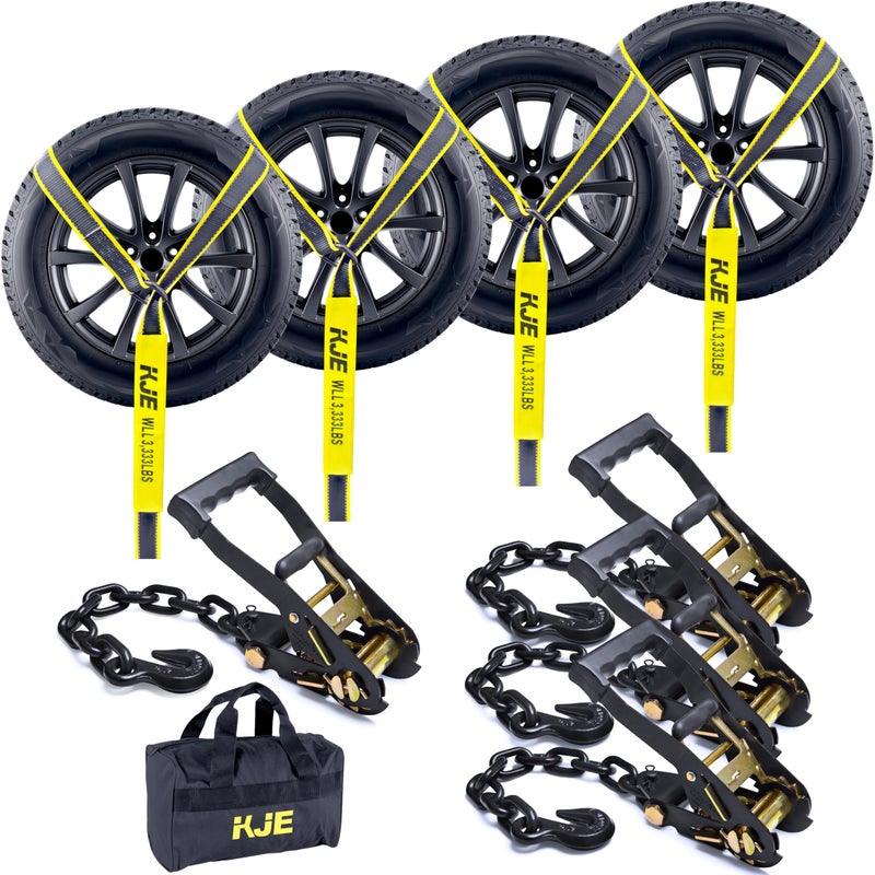 KJE 4 Pack Reflective Car Tie Down Straps for Trailers - Tire Ratchet Strap with Chain Anchors - 2" x 10' 10,000LBS Break Strength - Lasso Style Wheel Straps for Hauling UTV, SUV, Truck, Any Cars - Image 1