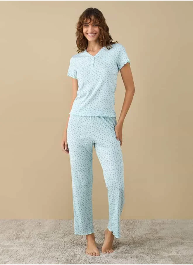 Splash FAV All-Over Print Pointelle V-neck T-shirt and Pyjama Set