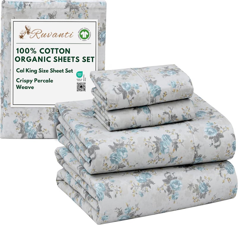 Ruvanti 100% Organic Cotton Sheets California King, Percale Weave, GOTS Certified, 4-Piece Set, Deep Pocket 13", Crisp & Breathable, Soft Durable Bedding, Sábanas Algodón Orgánico – Blue Rose - Image 1