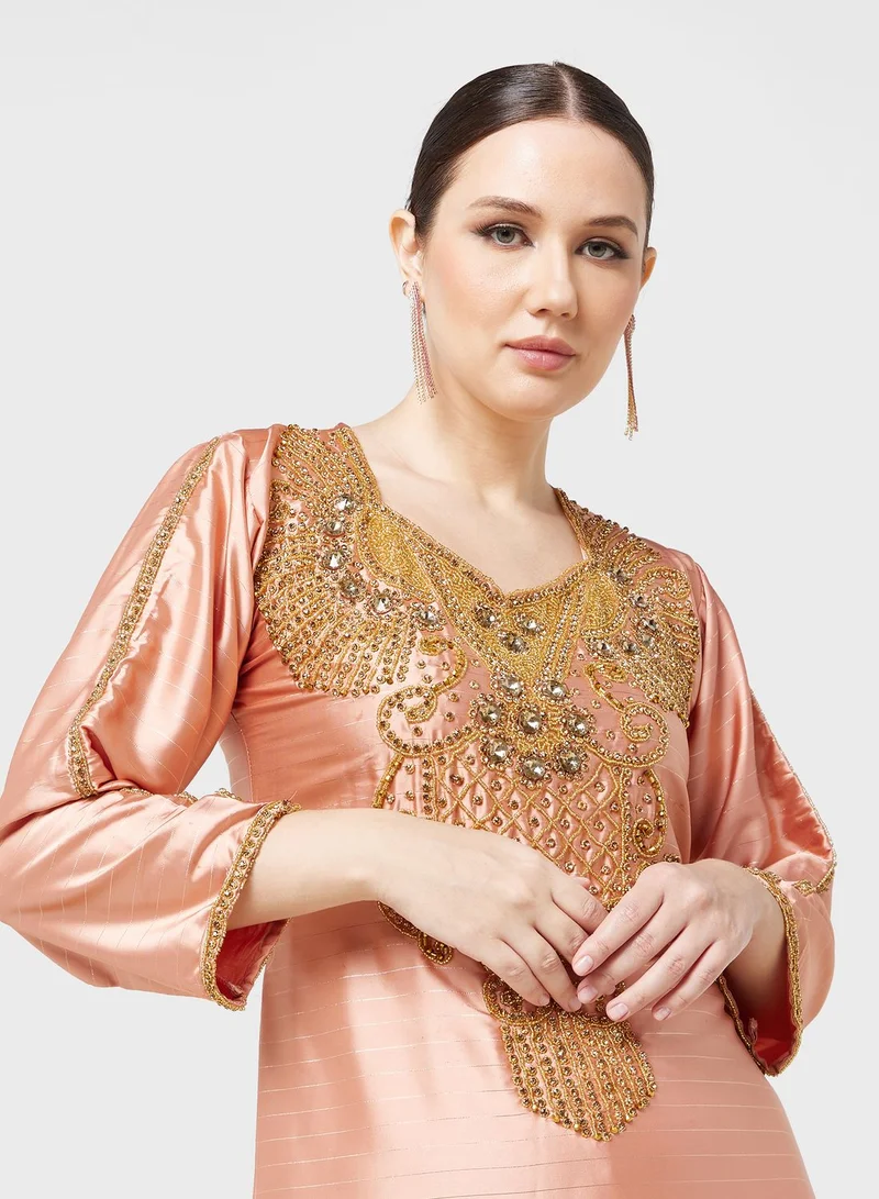 ARABIAN CLOSET Embellished Square Neck Jalabiya
