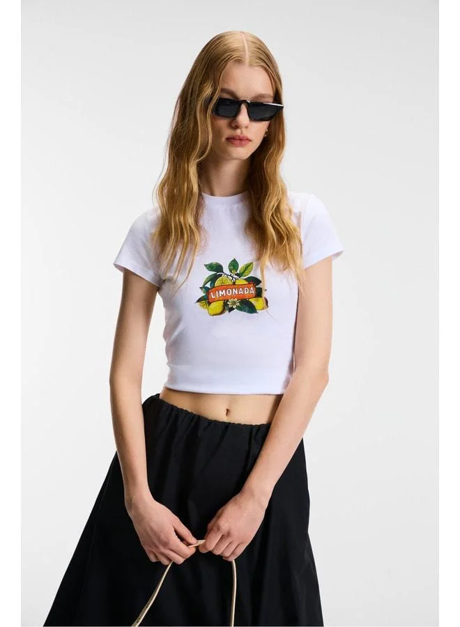 GRIMELANGE TESSIRA Women's 100% Cotton Bike Neck Printed Slim Fit White T-Shirt