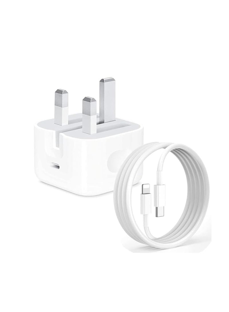 شاحن DV 20W USB C سريع مع كابل متوافق مع iPhone 15 14/14 Plus/14 Pro/14 Pro Max/13 12 11 X XR XS SE 8 7 6 6S Mini، Pad Pro، USBC PD قابس شحن UK Type C ومحول طاقة سلك 3.2 قدم - Image 1