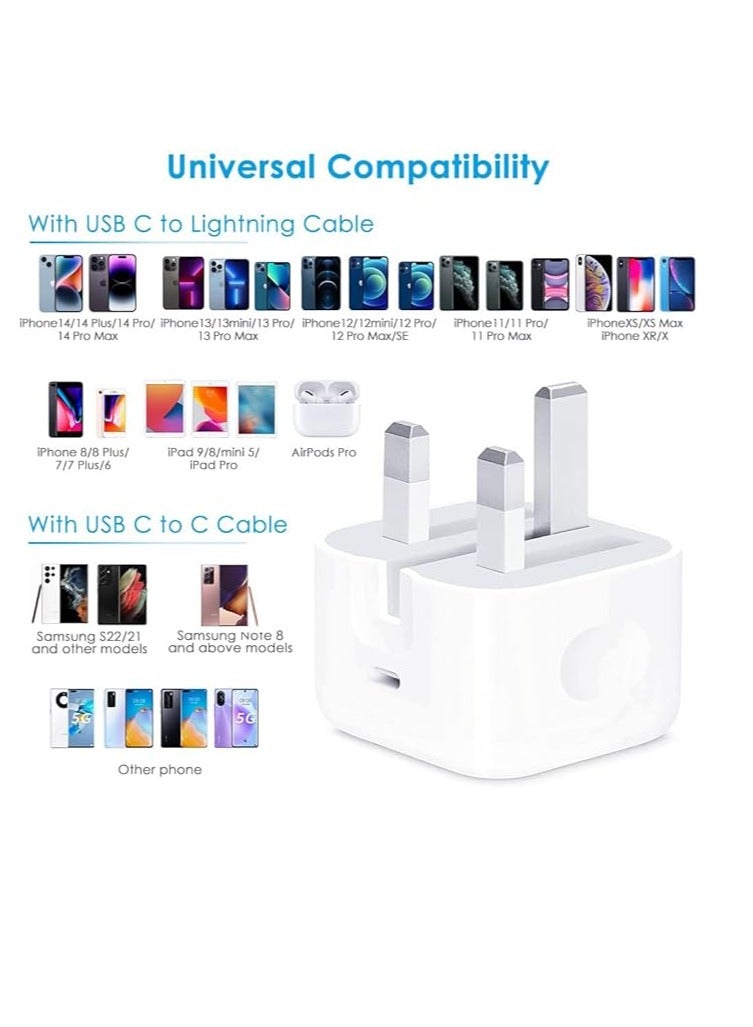 شاحن DV 20W USB C سريع مع كابل متوافق مع iPhone 15 14/14 Plus/14 Pro/14 Pro Max/13 12 11 X XR XS SE 8 7 6 6S Mini، Pad Pro، USBC PD قابس شحن UK Type C ومحول طاقة سلك 3.2 قدم - Image 2