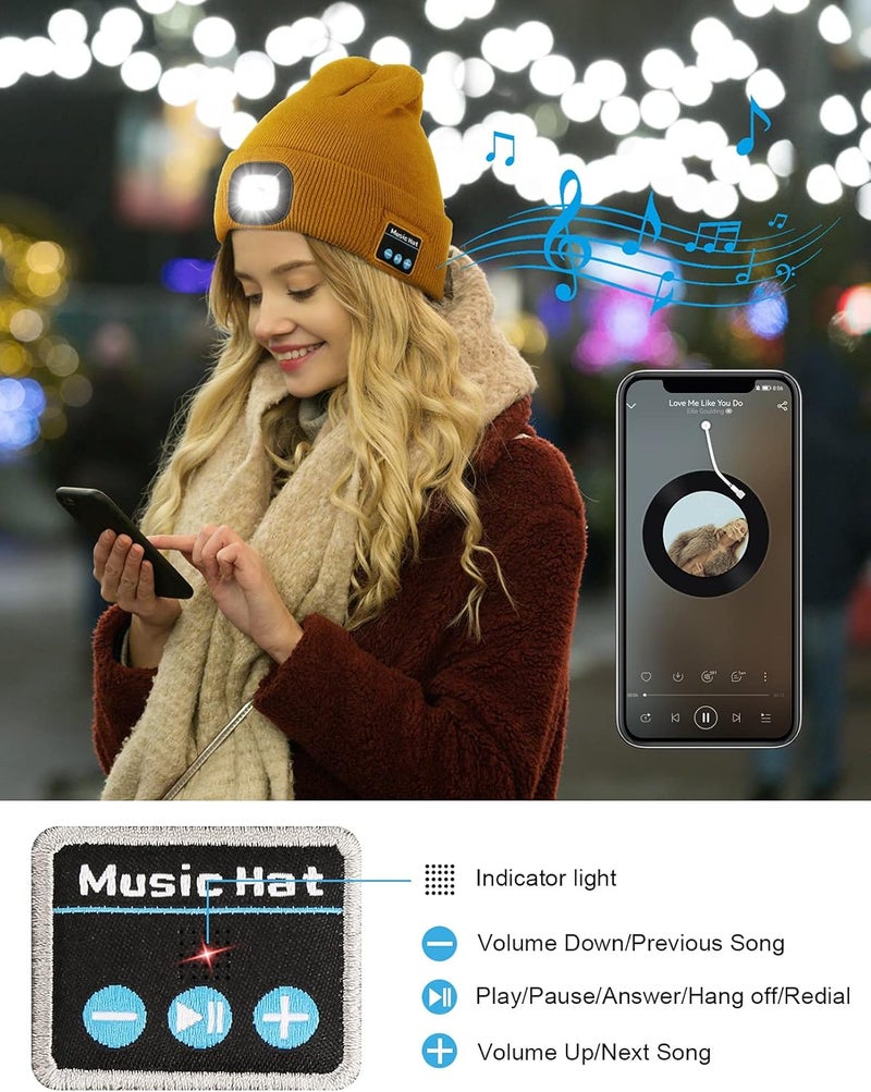 Wmcaps Bluetooth Beanie with a Light, Unisex USB Rechargeable 4 LED Fashlight Hat with Cordless Headphones, Unique Christmas Birthday Gifts for Men Him Husband Teen - Image 2