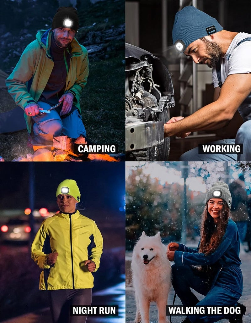 Wmcaps Bluetooth Beanie with a Light, Unisex USB Rechargeable 4 LED Fashlight Hat with Cordless Headphones, Unique Christmas Birthday Gifts for Men Him Husband Teen - Image 5