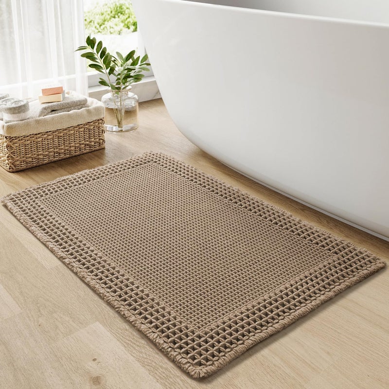 RESARE Waffle Bath Mat, Super Absorbent Non Slip, Machine Washable, Ultra Soft Boho Bath Rugs with Tassels, Upgraded Bordered Design, 17"x24" Brown - Image 1