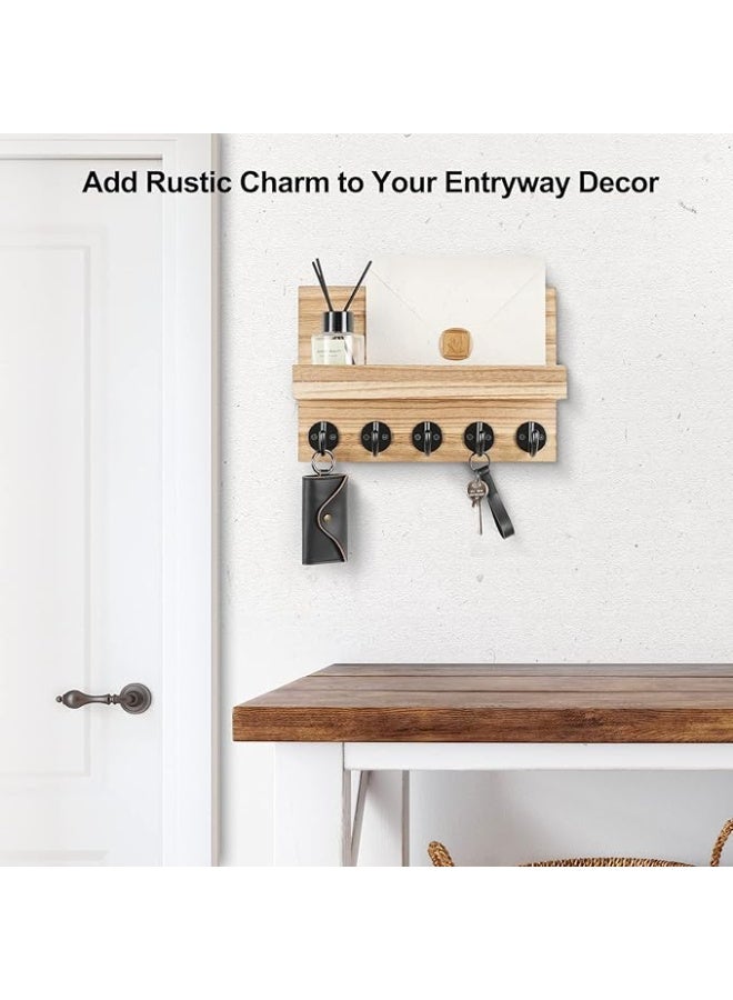 Arabest Key Holder for Wall, Decorative Key and Mail Holder with Shelf Has Large Key Hooks for Bags, Coats – Paulownia Wood Key Hanger with Mounting Hardware (9.8”W x 6.7”H x 4.2”D) (Burnt Wood) - Image 4