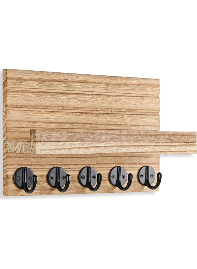 Arabest Key Holder for Wall, Decorative Key and Mail Holder with Shelf Has Large Key Hooks for Bags, Coats – Paulownia Wood Key Hanger with Mounting Hardware (9.8”W x 6.7”H x 4.2”D) (Burnt Wood) - Image 2