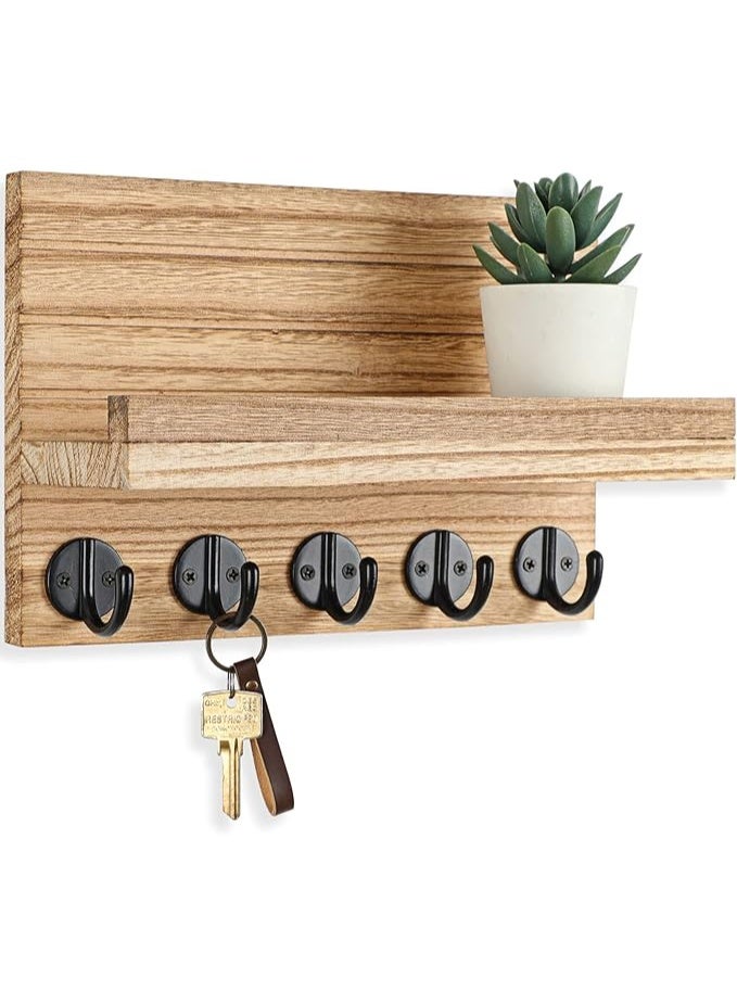 Arabest Key Holder for Wall, Decorative Key and Mail Holder with Shelf Has Large Key Hooks for Bags, Coats – Paulownia Wood Key Hanger with Mounting Hardware (9.8”W x 6.7”H x 4.2”D) (Burnt Wood) - Image 1